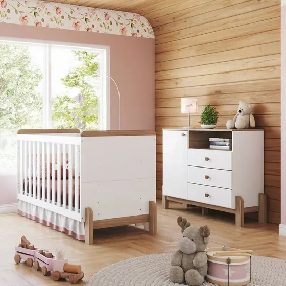 Conjunto Quarto de Bebê Berço 2 em 1 e Cômoda Yuri