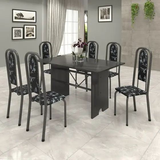 Conjunto de Mesa 140x75cm Tampo Ardósia com 6 Cadeiras Lavínea Martelado Prata/Preto Floral