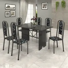 Conjunto de Mesa 140x75cm Tampo Ardósia com 6 Cadeiras Lavínea  Martelado Prata/Preto Floral