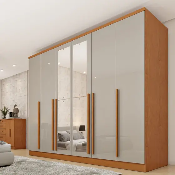 Guarda Roupa Casal 6 Portas 8 Gavetas Puxador MDF 270cm com Espelho Portugal Yescasa Cinamomo/Off White