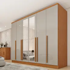 Guarda Roupa Casal 6 Portas 8 Gavetas Puxador MDF 270cm com Espelho Portugal Yescasa Cinamomo/Off White