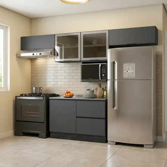 Cozinha Modulada 5 Peças 5 Portas 3 Gavetas com Nicho para Micro-ondas e Balcão para Pia Etna Grafite Grafite