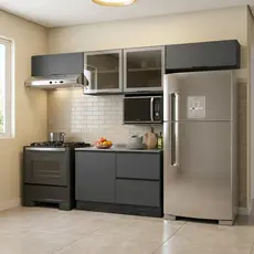 Cozinha Modulada 5 Peças 5 Portas 3 Gavetas com Nicho para Micro-ondas e Balcão para Pia Etna Grafite Grafite