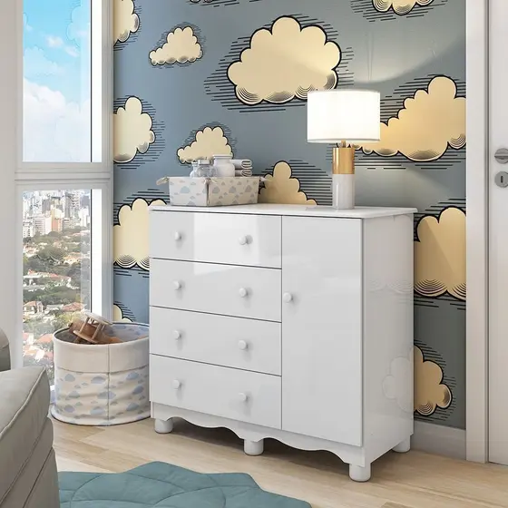 Cômoda Infantil 1 Porta 4 Gavetas 100% MDF Mimo Branco Brilho