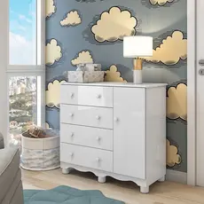 Cômoda Infantil 1 Porta 4 Gavetas 100% MDF Mimo Branco Brilho