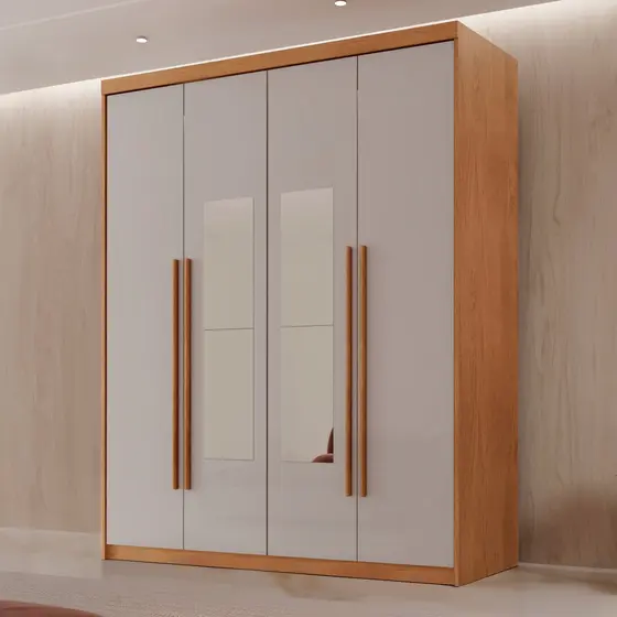 Guarda Roupa Solteiro 4 Portas 2 Gavetas com Espelho MDF Veracruz Naturalle/Off White