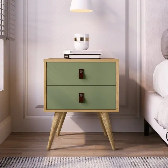 Mesa de Cabeceira 2 Gavetas Amber Bege Nature/Off White Nature/Off White