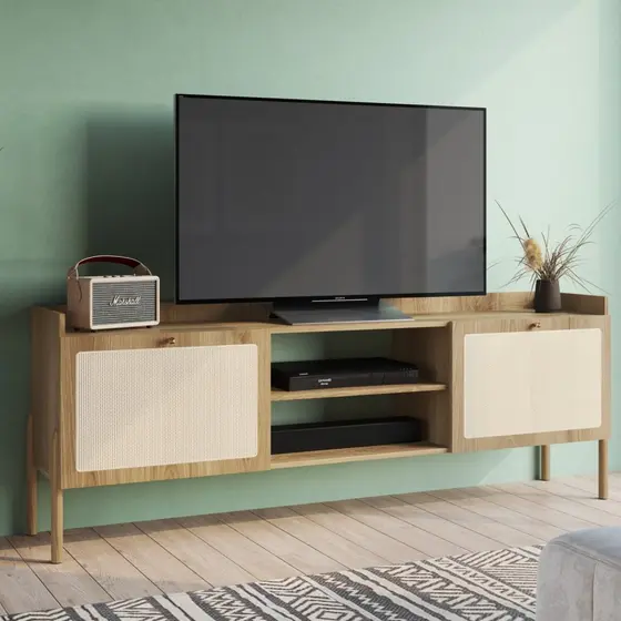 Rack para TV até 65 Polegadas 183cm Pés em Madeira Maciça 2 Portas Palhinha Oslo Marrom Hanover Hanover