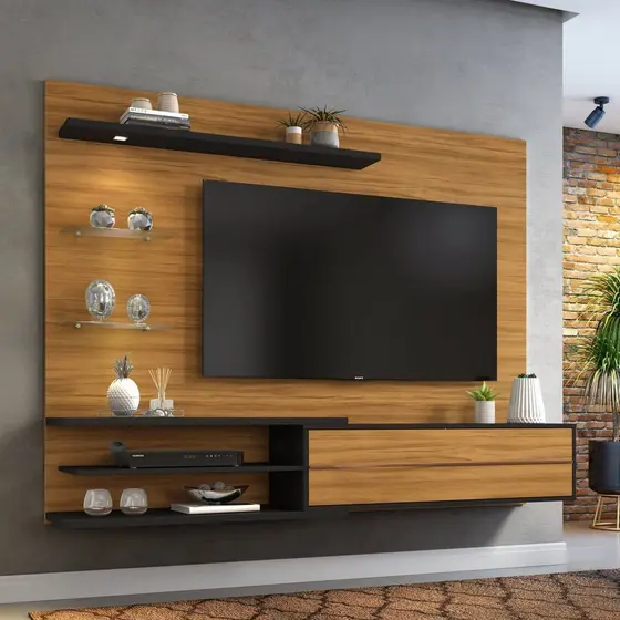 Painel para TV até 60 Polegadas 180cmx150,5cm 1 Porta 3 Prateleiras Nt 1115 Marrom Freijó Trend/Preto Tx Freijó