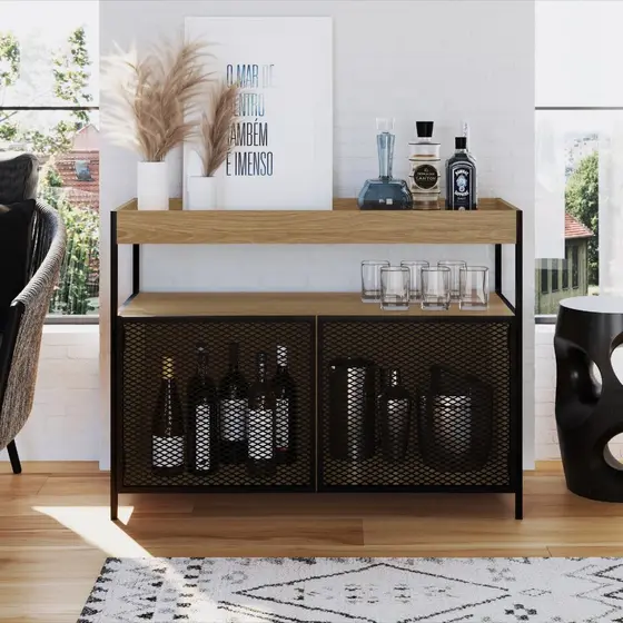 Buffet Aparador Bar Industrial Retrô 2 Portas e Nicho Madeira/Aço 100cm York Hanover/Preto
