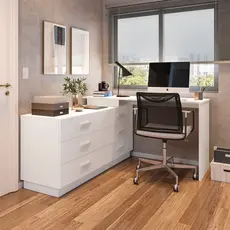 Escrivaninha Mesa Escritório em L com Cômoda Leonie 6 Gavetas 138cm Yescasa Branco Branco