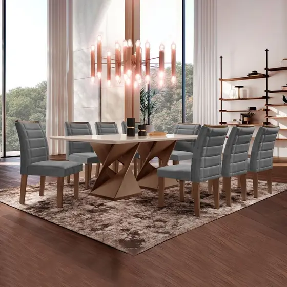 Conjunto Sala de Jantar Genova Tampo Vidro/mdf com 8 Cadeiras Genova Smart Plus Chocolate/Off White/Grafite