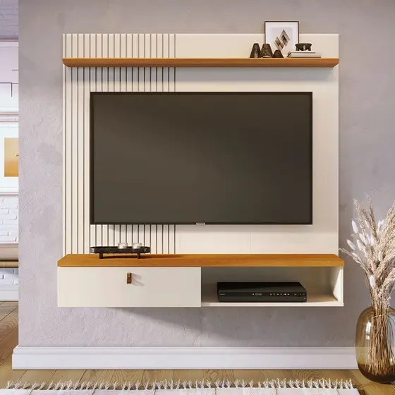 Painel para TV até 55 Polegadas MDF 141cmx136,5cm Iris Branco Cinamomo/Off White Cinamomo/Off White