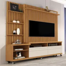 Estante e Home Theater Ripado para TV até 60 Polegadas MDF 180cmx190cm Rodízios Nobre Marrom Nature/Off White
