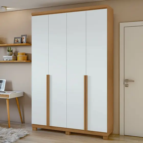 Guarda Roupa Solteiro 4 Portas 2 Gavetas Alonzo 100% MDF Amêndoa Clean/Branco