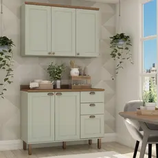 Cozinha Modulada 2 Peças com Balcão e Armário Aéreo e Tampo Provençal Verde Mint