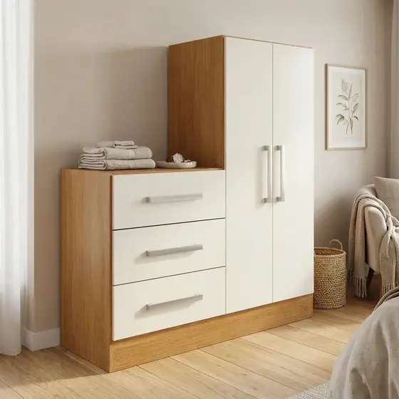 Cômoda para Quarto 3 Gavetas 2 Portas Dunas Nature e Off White Yescasa Branco Nature Off/White
