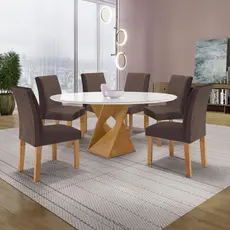 Conjunto Mesa Barcelona 120cm com 6 Cadeiras Espanha Tampo Plus Redondo Vidro YesCasa Cinamomo/Off White/Veludo Marrom