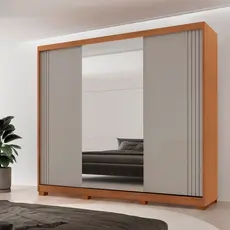 Guarda-roupa Casal 100% Mdf 3 Portas de Correr 4 Gavetas 6 Prateleiras com Pés e Espelho Chile Naturalle/Off White