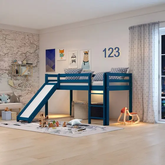 Cama Alta Infantil com Escorregador em Madeira Maciça/MDF Azul