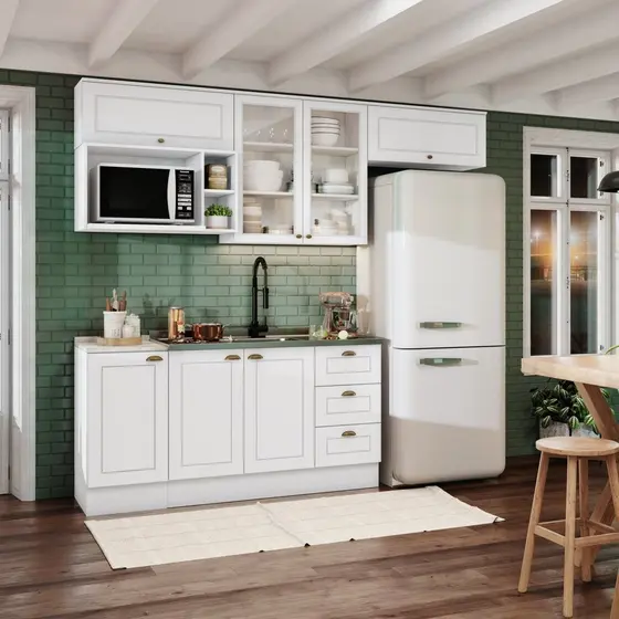Cozinha Compacta 6 Peças com Aéreo para Micro-Ondas Emily Espresso Móveis Branco HP/Calcare
