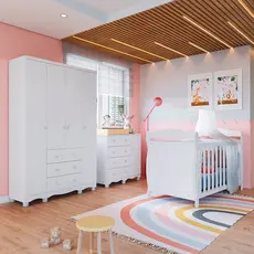 Quarto de Bebê com Guarda Roupa 4 Portas Cômoda 1 Porta 4 Gavetas e Berço Nina 100% Mdf Espresso Móv Branco/Brilho