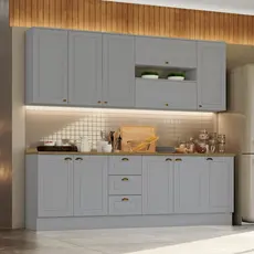 Cozinha Compacta 7 Peças 11 Portas 3 Gavetas Emily Cinza/Nature
