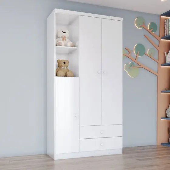 Guarda Roupa Infantil 3 Portas 2 Gavetas 2 Nichos Faz de Conta Espresso Móveis Branco