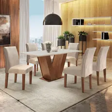 Conjunto Sala de Jantar Mesa Tampo Mdf 6 Cadeiras Espanha Yescasa Chocolate/Off White/Suede Bege