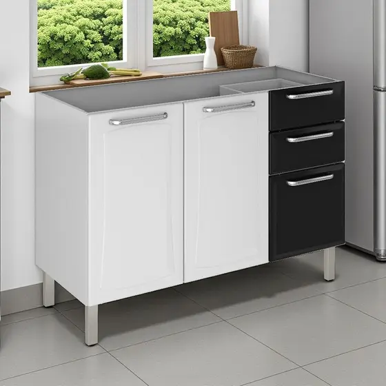 Balcão Cozinha em Aço 3 Portas 2 Gavetas 120cm sem tampo Dobradiças Slow Motion Tarsila Itatiaia  Preto/Branco