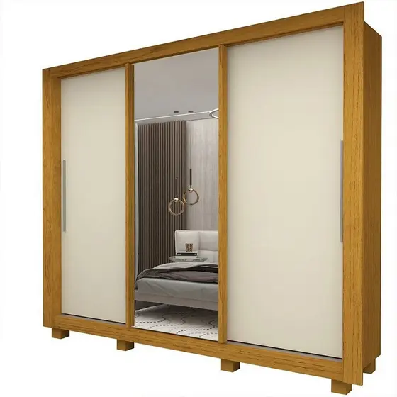 Guarda-roupa Casal 3 Portas 1 Porta Espelhada com Pés Milão 100% MDF Yescasa Naturale/Off White