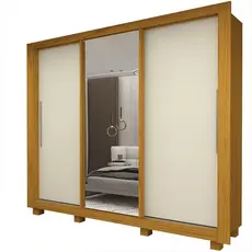 Guarda-roupa Casal 3 Portas 1 Porta Espelhada com Pés Milão 100% MDF Yescasa Naturale/Off White