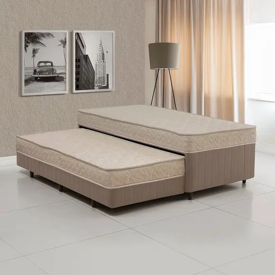 Cama Box Conjugada Solteiro com Auxiliar Colchões Sensor Yescasa Bege/Marrom Chocolate