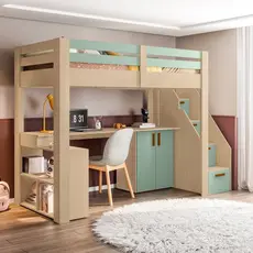 Cama Alta Beliche Infantil/Juvenil Star Plus Office Multifuncional Casatema MadeiraOriginals Natural/Menta