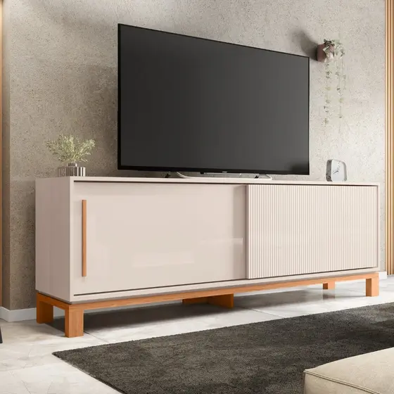 Rack para Tv até 65 Polegadas Portas com Textura Microrripada Pés Cavalete Mondrian 1.8 Off White/Freijó