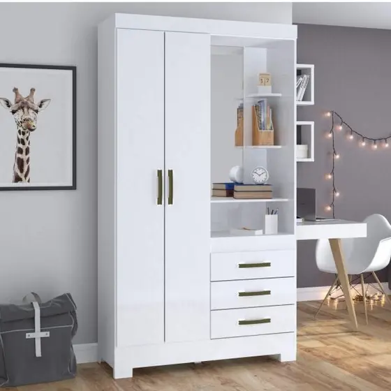 Guarda-Roupa Solteiro com Espelho Penteadeira 2 Portas 3 Gavetas Azura Espresso Móveis Branco