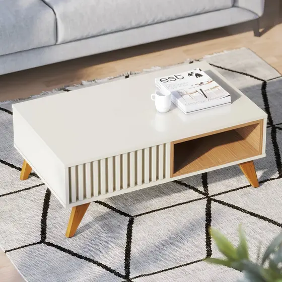 Mesa de Centro Retangular 1 Nicho Pés em Madeira Maciça Jeri Móveis Branco Off White/Freijó Off White/Freijó