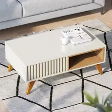 Mesa de Centro Retangular 1 Nicho Pés em Madeira Maciça Jeri Móveis Branco Off White/Freijó Off White/Freijó