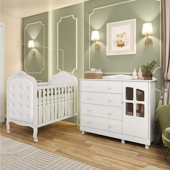 Quarto de Bebê Berço com Capitonê e Cômoda com Janela Maya Clássico Espresso Móveis Branco Brilho