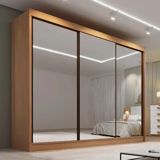Guarda Roupa Casal MDF Espelhado 3 Portas 6 Gavetas Qatar Cinamomo