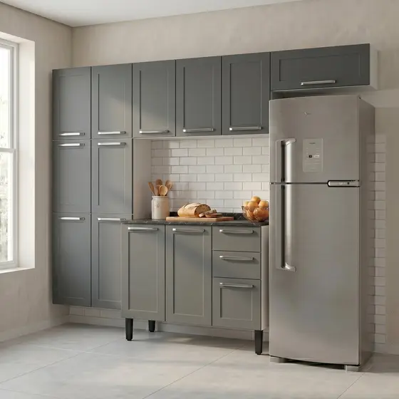 Cozinha Modulada Compacta em Aço 4 Peças 13 Portas 2 Gavetas Florençe Itatiaia Branco/Grafite