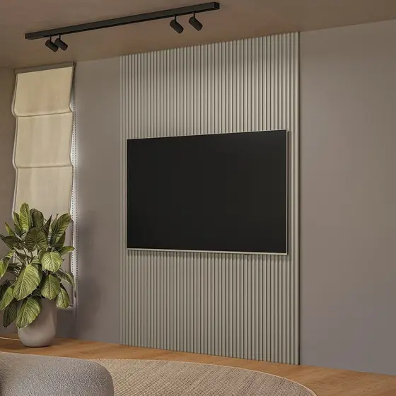 Painel Ripado para TV até 75 Polegadas MDF 180cmx250cm Modular Cinza Gris Fosco Gris Fosco