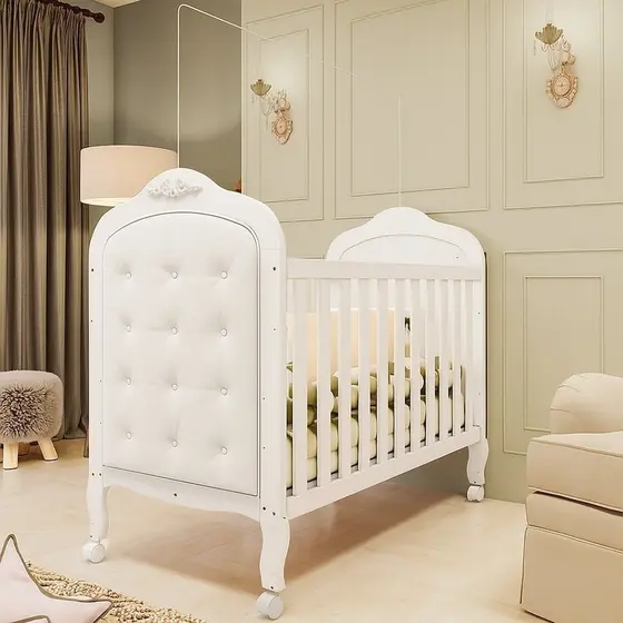 Berço Minicama 3 em 1 com Capitonê 100% Mdf Maya Espresso Móveis Branco Brilho