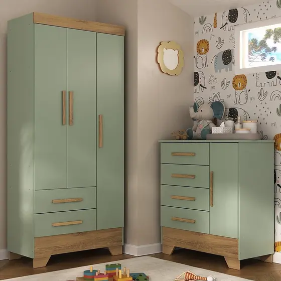 Quarto Infantil Completo Guarda Roupa 3 Portas 2 Gavetas com Cômoda Selene Espresso Móveis Verde Fosco/Nature