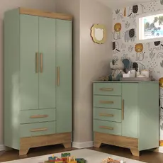 Quarto Infantil Completo Guarda Roupa 3 Portas 2 Gavetas com Cômoda Selene Espresso Móveis Verde Fosco/Nature
