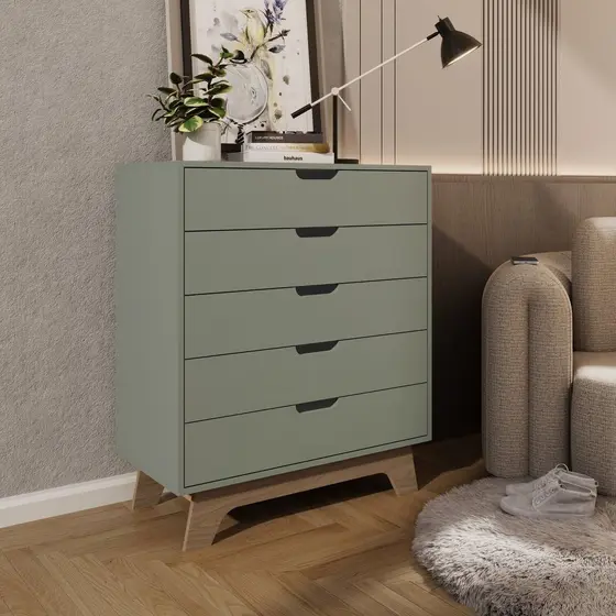 Cômoda Alice 5 Gavetas em 100% Mdf 95x81x40 Cm Yescasa Verde/Louro Freijó