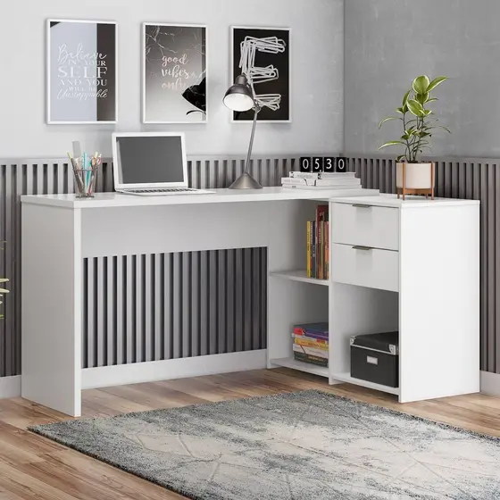 Escrivaninha Mesa Escritório em L Office NT 2060 2 Gavetas 3 Nichos 148,6cm Branco New Branco New