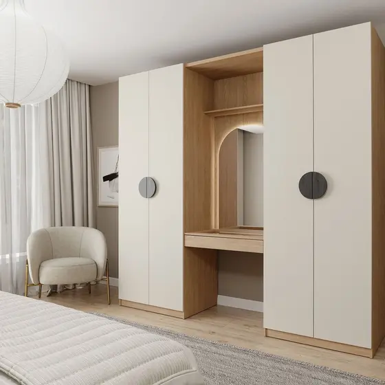Guarda-Roupa Modulado Joy 3 Peças 2 Gavetas, Penteadeira Espelho Cabideiro CabeCasa MadeiraOriginals Cinza Sereno/Avena