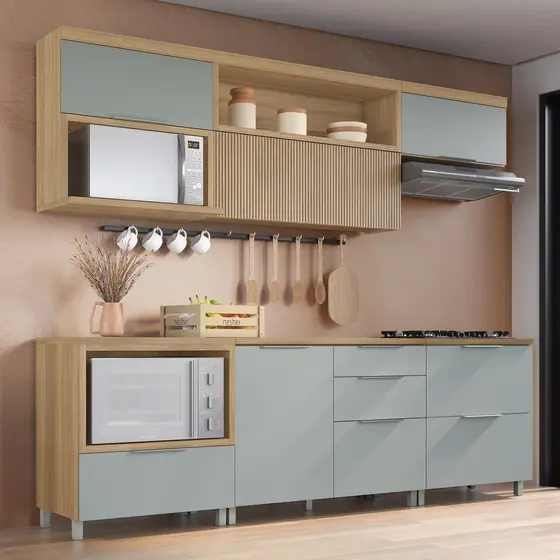 Cozinha 6 Peças 5 Portas 5 Gavetas Com Armário Aéreo 100% Mdf Marquesa Nature/Verde