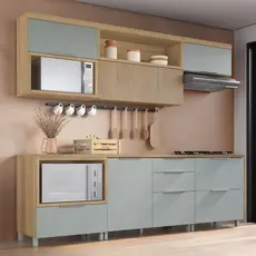Cozinha 6 Peças 5 Portas 5 Gavetas Com Armário Aéreo  100% Mdf Marquesa Nature/Verde